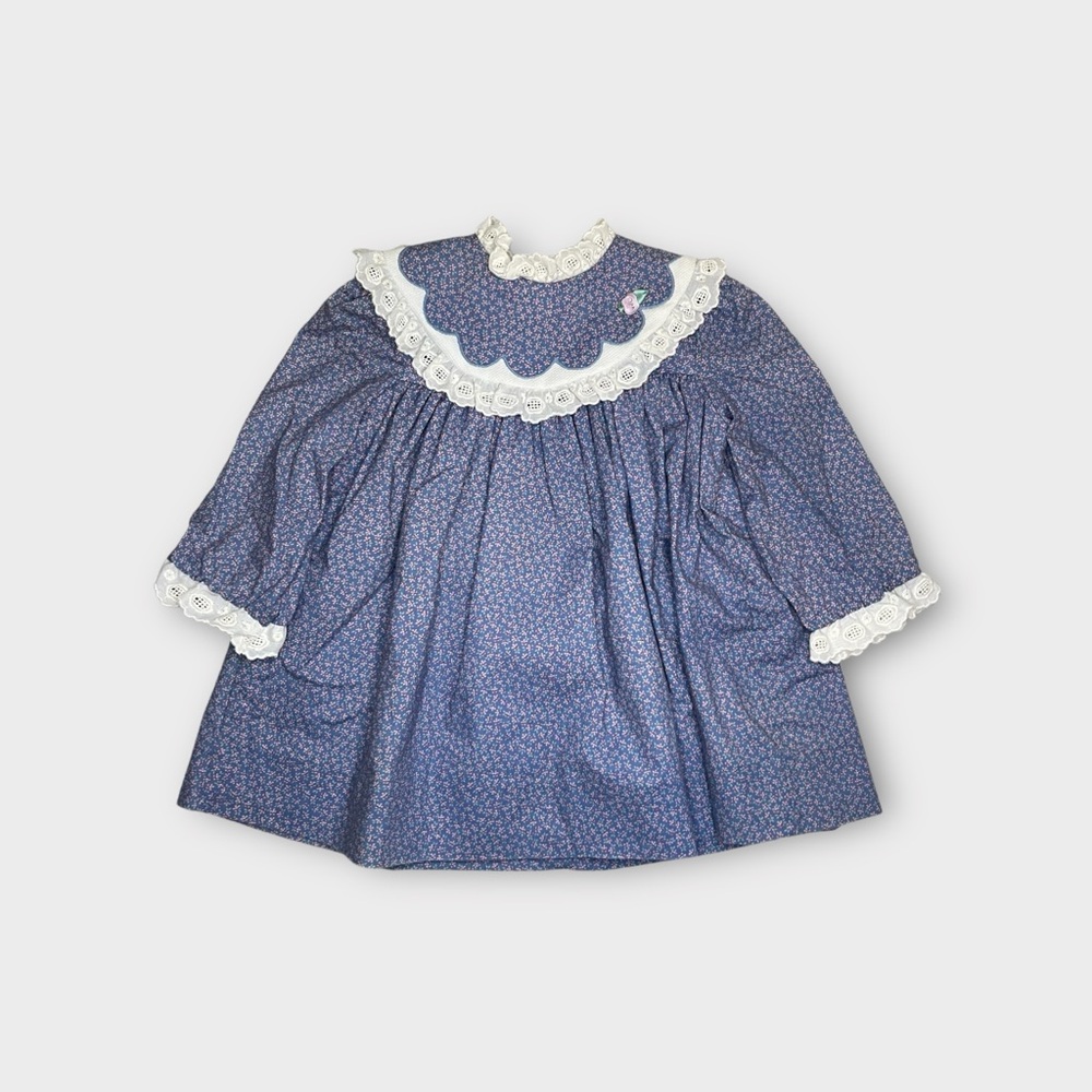 Coming Thing Vintage Eyelet Trim Floral Pattern Blue Dress